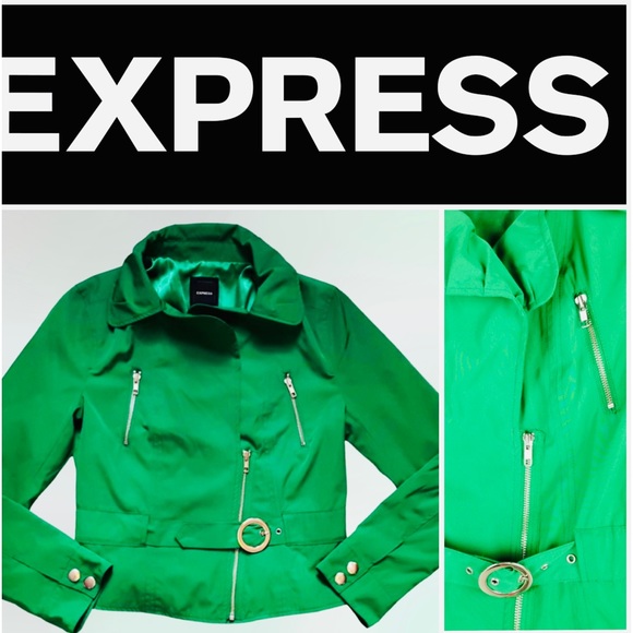 NWOT Express Women’s Zippered Moto Rain Jacket Emerald GREEN 🍀 SZ Small - Picture 2 of 12